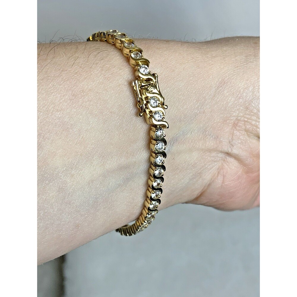 DBJ 925 Sterling Silver Gold Tone Tennis Bracelet CZ Prong Set 7" Vintage Signed - Picture 4 of 14